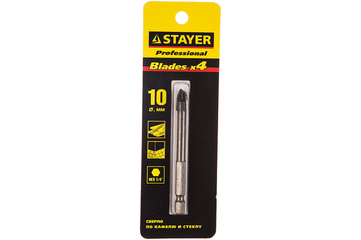 Сверло 10х75мм по кафелю, керамике, стеклу, 4 режущих лезвия, 1/4" Stayer PROFESSIONAL