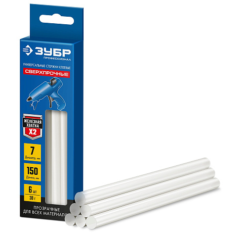Стержни клеевые  7x150мм (6 шт) ЗУБР Профессионал прозрачные сверхпрочные