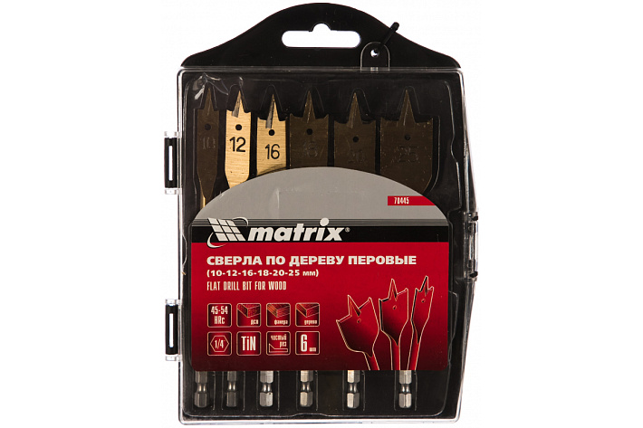 Набор сверл перовых по дереву 10-12-16-18-20-25 мм, титан. покрытие, 6 шт, пластик. кейс Matrix