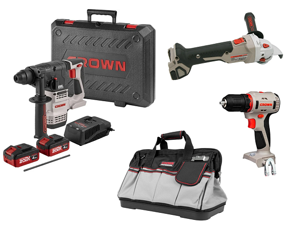 Набор инструментов 3в1 (дрель CT21091HX, УШМ CT23001-125HX, перфоратор CT28001HX, 20В, 2х4,0Ач, З/У, сумка) б/щ CROWN