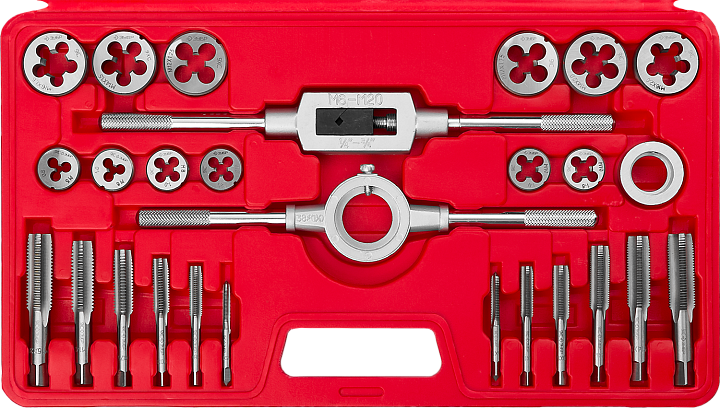 Набор плашек и метчиков  27пр М5-М16, пластиковый бокс ЗУБР