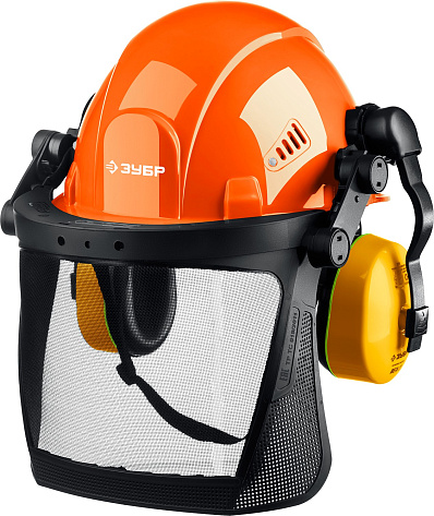 Каска защитная оранжевая в комплекте с наушниками и защитным сетчатым экраном ЗУБР