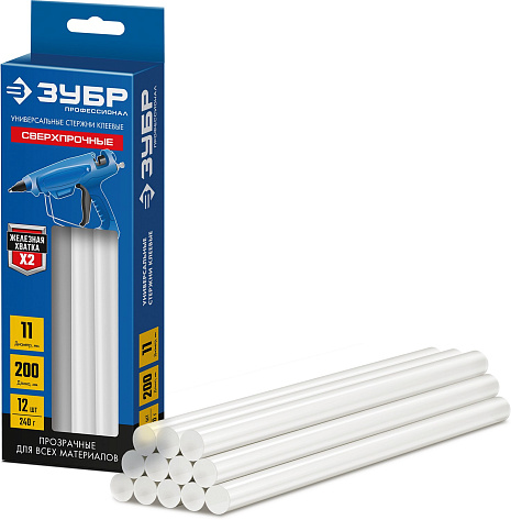Стержни клеевые 11x200мм (12 шт) ЗУБР Профессионал прозрачные сверхпрочные