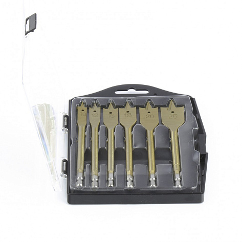 Набор сверл перовых по дереву 10-12-16-18-20-25 мм, титан. покрытие, 6 шт, пластик. кейс Matrix