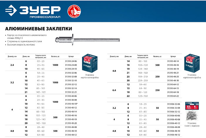 Заклепки алюминиевые 4,8 х16,0мм 500шт ЗУБР ПРОФЕССИОНАЛ